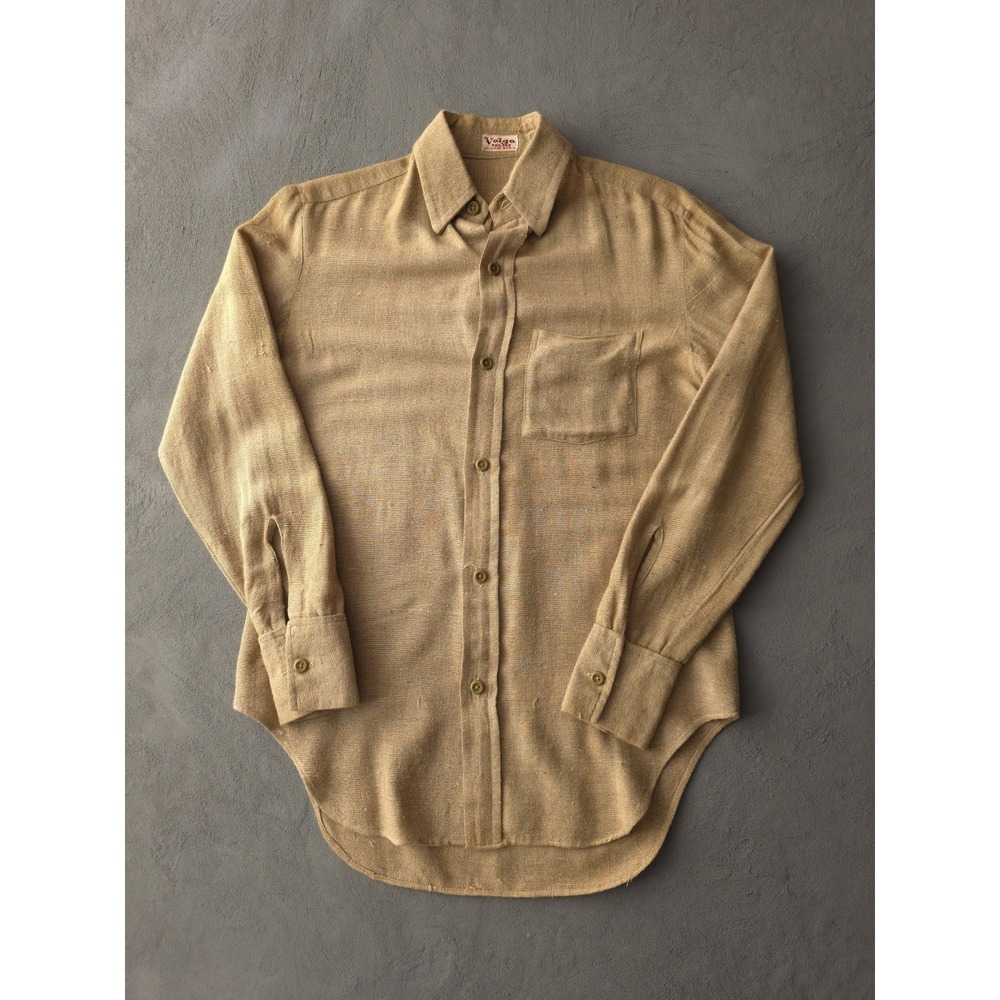 Vintage 1960s Volga Tailors Beige Wool Crepe Button-Up Shirt Men's S/M